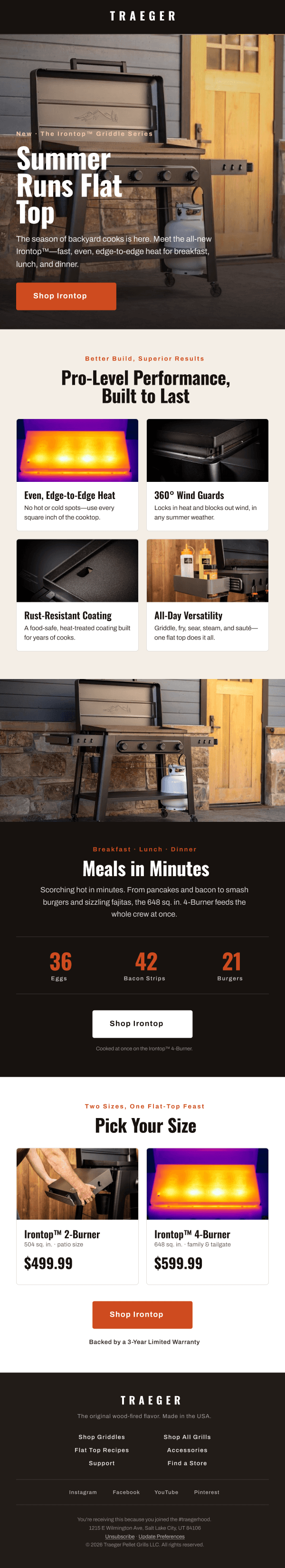 Traeger Irontop griddle product launch email design